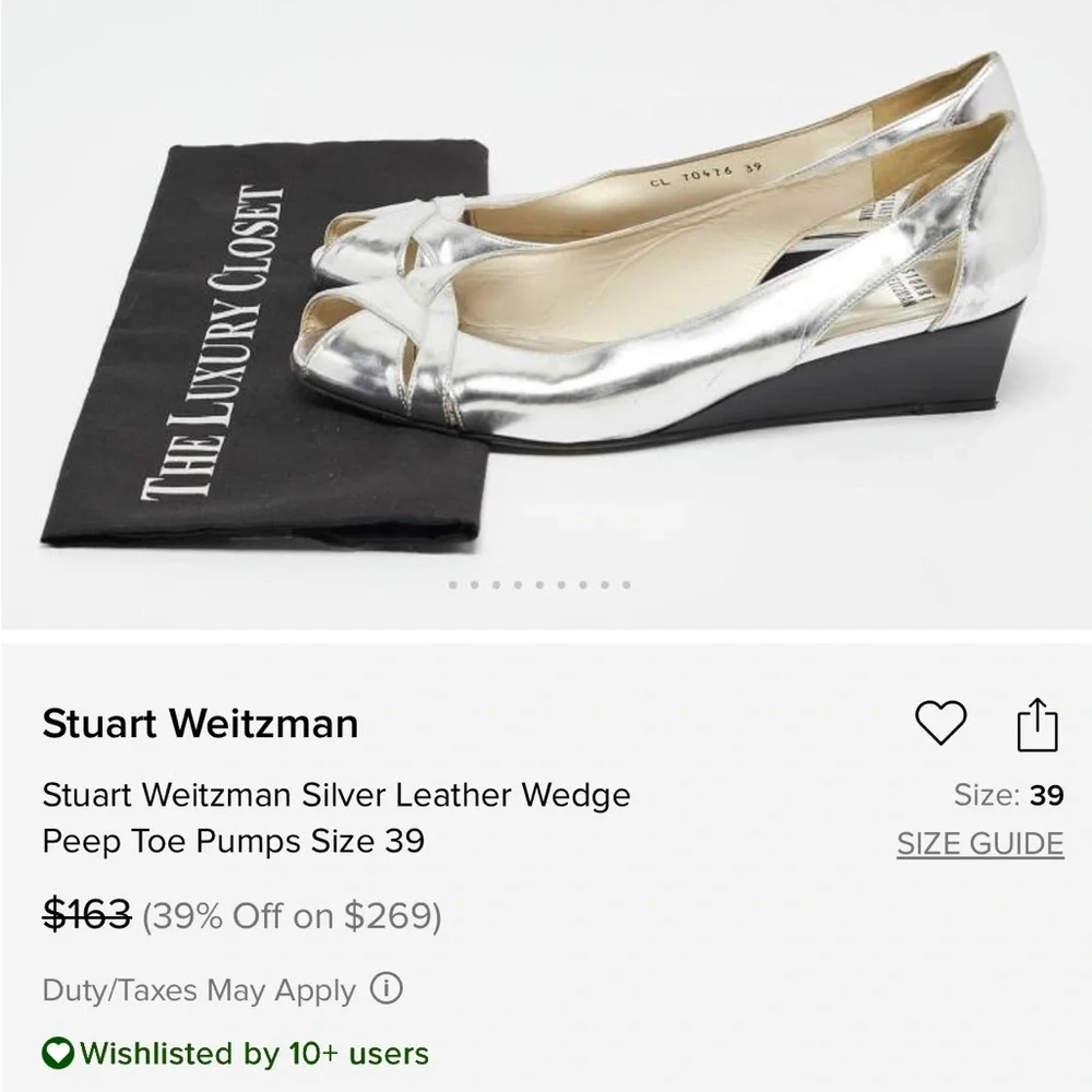 Elegant Silver Stuart Weitzman Wedge Peep-Toe Genuine Leather Shoes 7.5 $269 - Picture 12 of 12